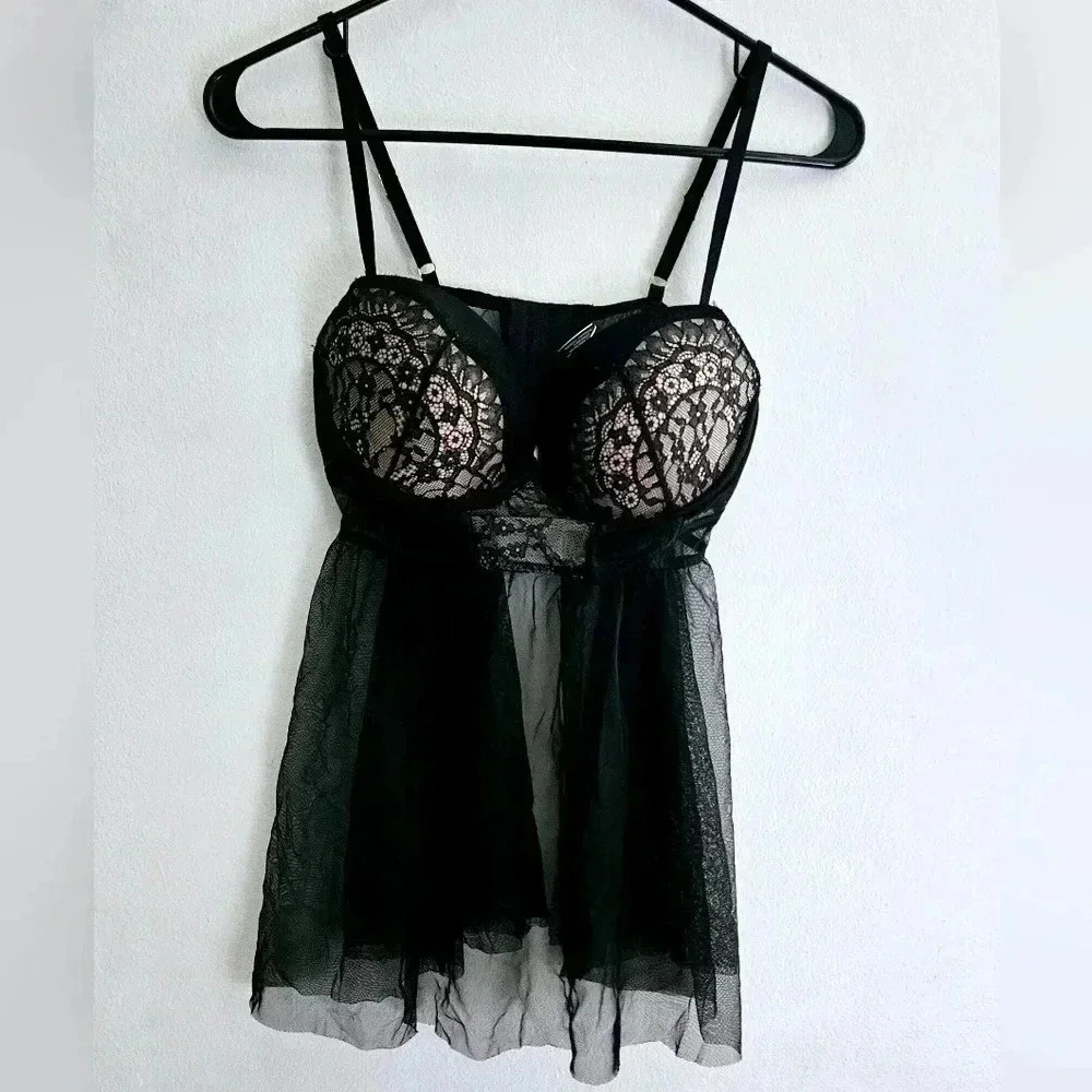 Victoria’s Secret Black Lace Mesh Lingerie Corset set 36C